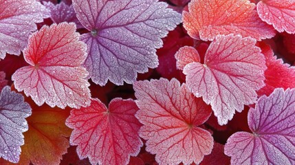 Frost Covered Autumn Heuchera Leaves Displaying Vibrant Hues