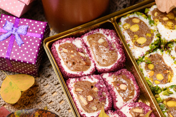 Sweet food Turkish delight on wooden background, assorted locum and candy for decorated backdrop