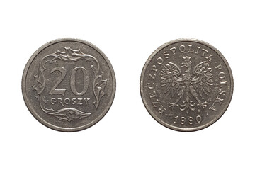 Coin 20 Groszy 1990. Монета of Poland. Coin 20 groszy 1990 Obverse and Reverse on white background