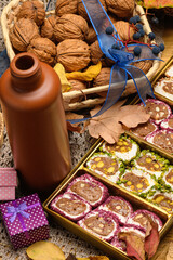 Sweet food Turkish delight on wooden background, assorted locum and candy for decorated backdrop