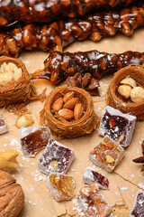 Sweet food Turkish delight on wooden background, assorted locum and candy for decorated backdrop