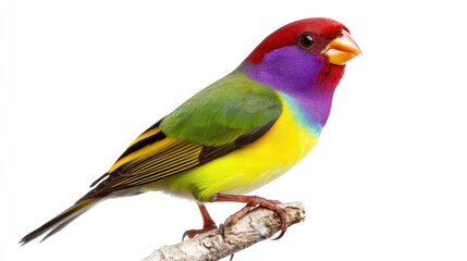 Obraz premium A close-up of a pretty Gouldian Finch from Australia, perched gracefully, isolated on a pure white background