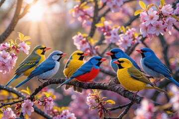 Obraz premium Vibrant Birds Singing in Blooming Trees Under Spring Sunshine