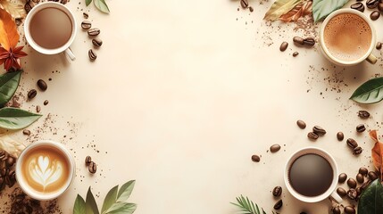 Autumn coffee drinks flatlay;  leaves, beans, cream art; blank space for text; cozy fall beverage menu