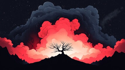 Silhouette of a barren tree set against a dramatic sky filled with ominous clouds evoking feelings of loneliness and anticipation