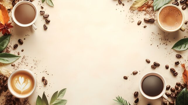 Autumn coffee drinks flatlay;  leaves, beans, cream art; blank space for text; cozy fall beverage menu