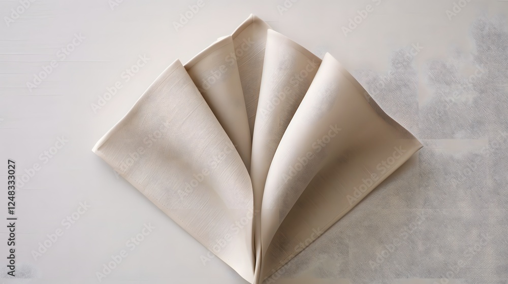 Poster neatly folded and stacked symmetrical linen napkins arranged in an orderly fashion on a clean white 