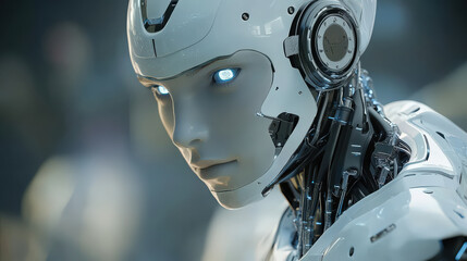 Fototapeta premium Female robot gazes intently forward with glowing eyes