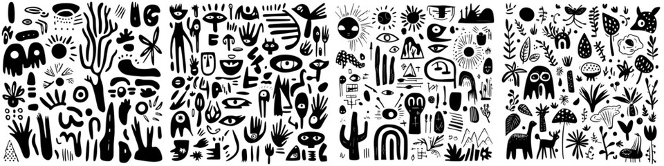 Unique black and white abstract mural filled with imaginative shapes and playful designs in a creative space