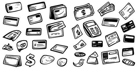 Various illustrations of payment methods including cash, cards, and digital options on a white background