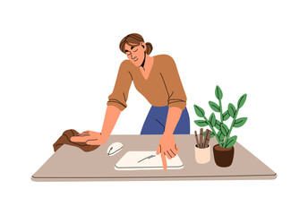 Fototapeta premium Diligent woman wipes dust with rag, duster on desk. Person care about clean of workplace, does wet cleaning at home. Housekeeping, housework. Flat isolated vector illustration on white background