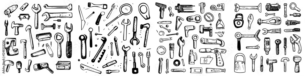 Poster collection of various hand tools arranged neatly for easy identification in a workshop setting