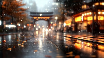 Rainy city street with blurred lights and leaves on the wet pavement creating a moody and atmospheric scene Pedestrian safety emphasized