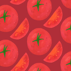 Raster pattern with tomatoes on a red background. Modern fashion illustration for cafes, restaurants, menus, fabrics, websites
