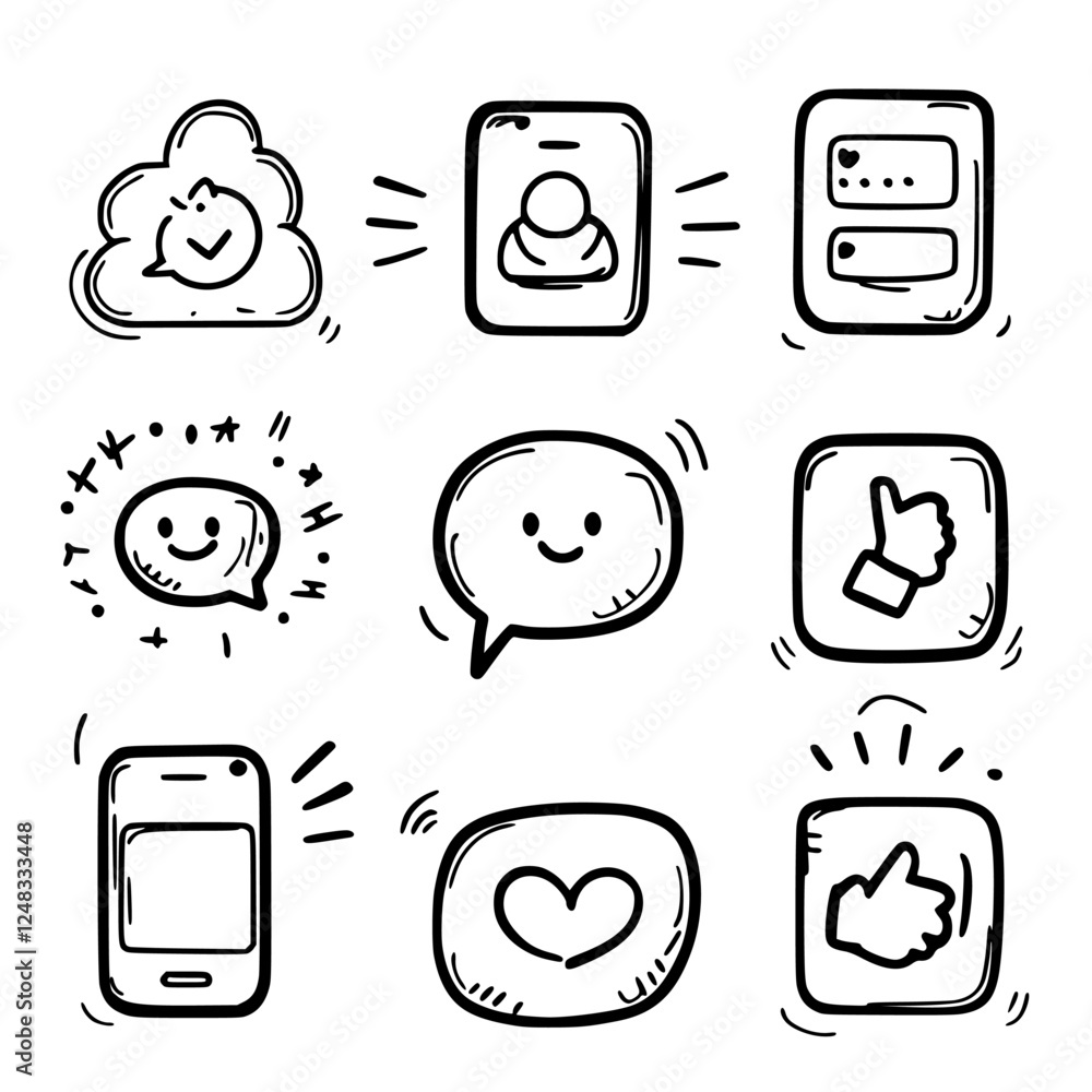 Poster symbolic representation of digital communication and social media interactions in a minimalistic sty