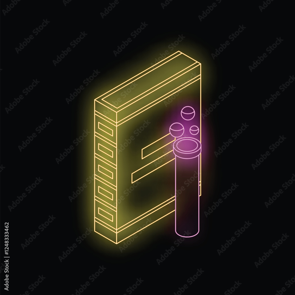 Poster neon style server icon glowing on a dark background, illustrating a data processing concept
