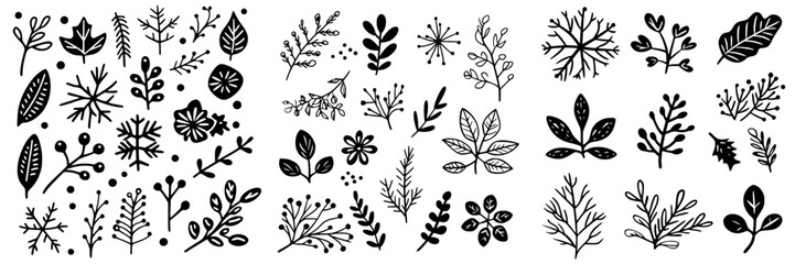 Various hand-drawn botanical illustrations showcasing diverse leaves and plants in monochrome style