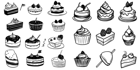 Delicious assortment of sweet desserts showcased in hand-drawn style, perfect for baking enthusiasts and pastry lovers
