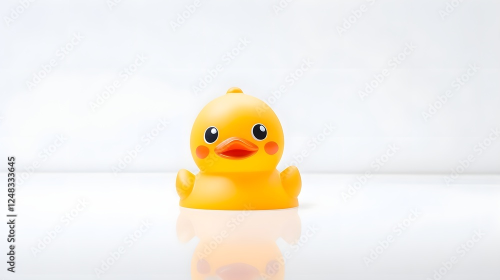Poster cute and adorable small rubber duck in a sweet expression sitting calmly on a smooth minimalist whit