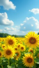 Obraz premium Vibrant yellow sunflowers fill frame, bright summer scene, field, beauty, meadow