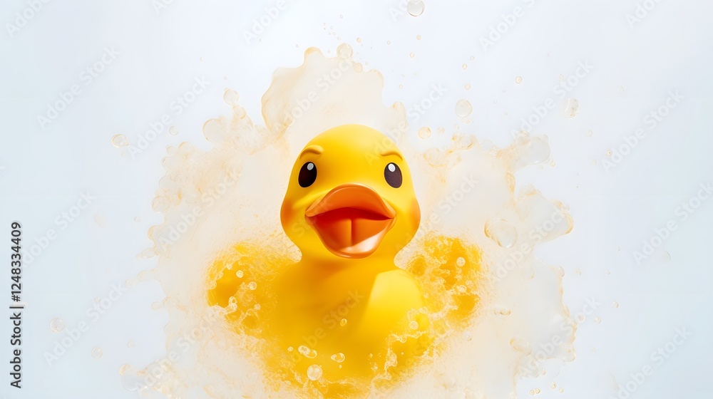 Poster closeup of a cheerful rubber duck floating on a bright white background surrounded by small shiny wa