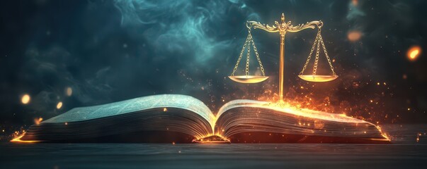 3D rendering of an open book with a glowing ethical balance scale emerging from its pages