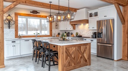 Fototapeta premium Elegant Farmhouse Kitchen with Bright Windows and Wooden Accents