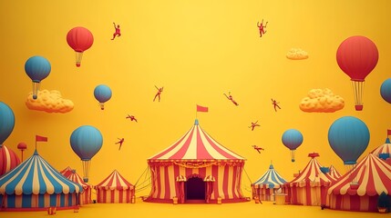 Circus tents, hot air balloons, and acrobats against a yellow sky.  Ideal for whimsical, playful designs