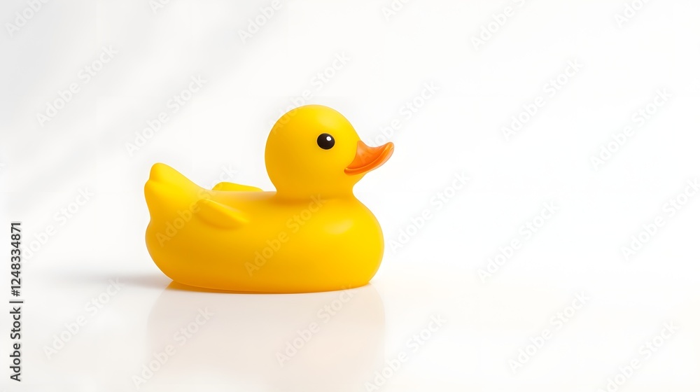 Poster a single yellow rubber duck floating against a clean minimalist white background simple modern and e