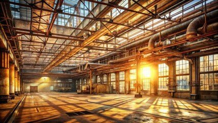 Sunlit Ruins of an Industrial Building A Golden Hour View of Aged Metal Structures and Large Windows