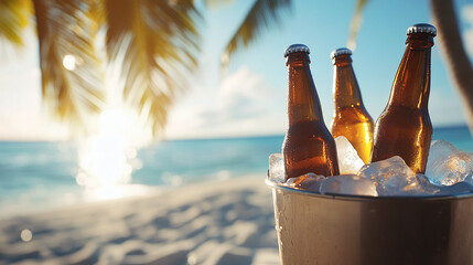 Bottles of beer in a bucket of ice on a tropical beach with palm trees on a sunny hot summer day