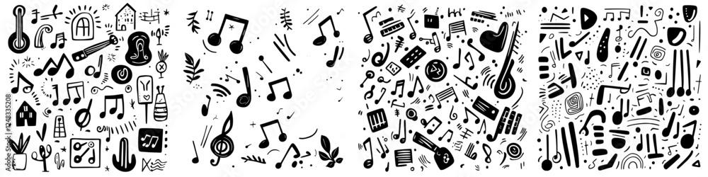 Poster musical elements create a lively pattern highlighting the joy of sound through notes, instruments, a