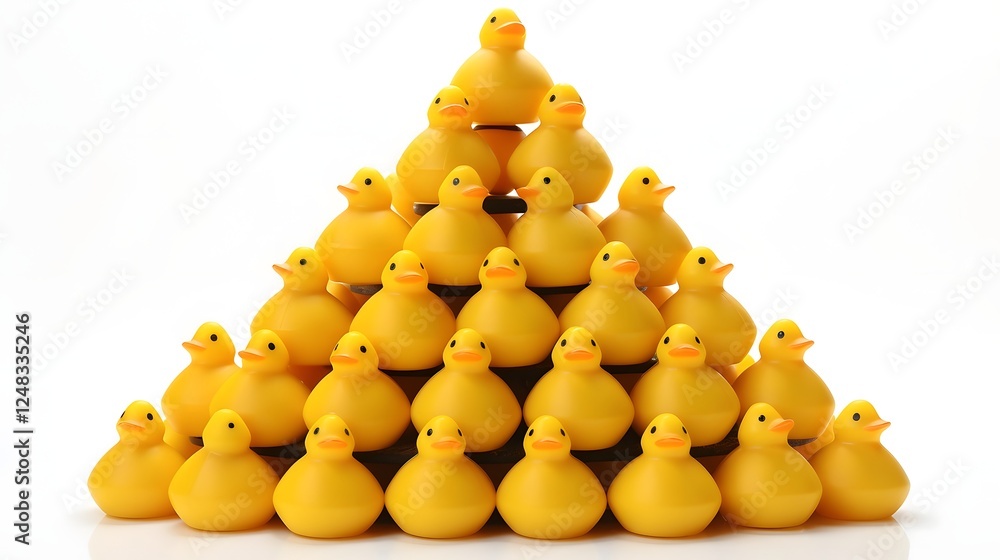 Poster colorful rubber ducks arranged in a symmetrical pyramid shape pattern on a plain white studio backgr