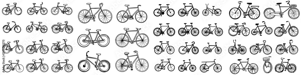 Poster many different types of bicycles displayed in a creative arrangement featuring various designs and s