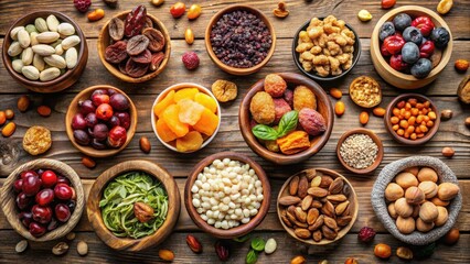 Fototapeta premium Aromatic Assortment of Dried Fruits, Nuts, and Seeds Arranged on Rustic Wooden Surface