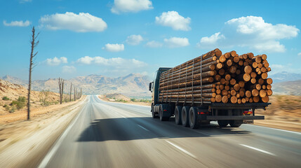 A truck with a trailer loaded with logs drives along a highway in a deserted area