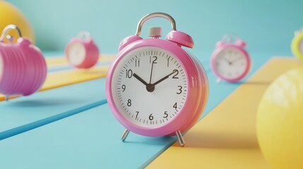 Colorful Alarm Clocks on Vibrant Background with Playful Shapes