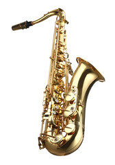 Jazz. One beautiful saxophone isolated on white