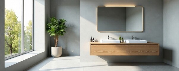 Spacious bathroom with copy space on vanity; grey walls, natural light, floating vanity, room, style