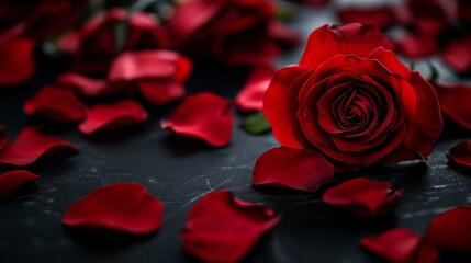 A red rose with scattered petals around it.