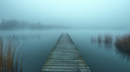Naklejka premium Quiet pier stretching into a foggy lake
