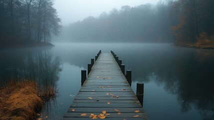 Naklejka premium Quiet pier stretching into a foggy lake