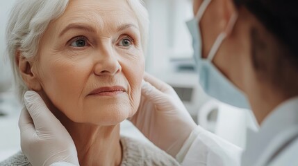 A healthcare professional examines an elderly woman's face in a clinical setting, focusing on her skin and overall well-being.