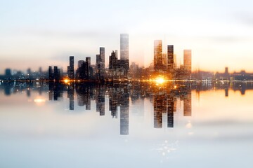 Fototapeta premium Vancouver skyline at sunset dusk and sunrise with city buildings and water reflections