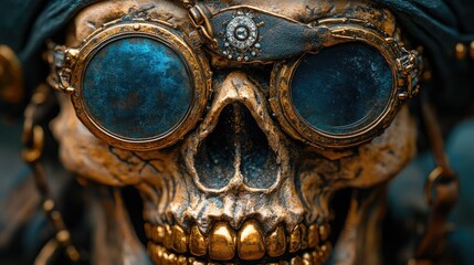 Fototapeta premium Detailed close-up of a pirate-themed skull with ornate goggles, set against a dark, mysterious background