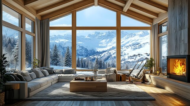 Fototapeta Cozy mountain chalet living room with panoramic snowy views  fireplace adds warmth. Ideal for real estate, travel, or home decor