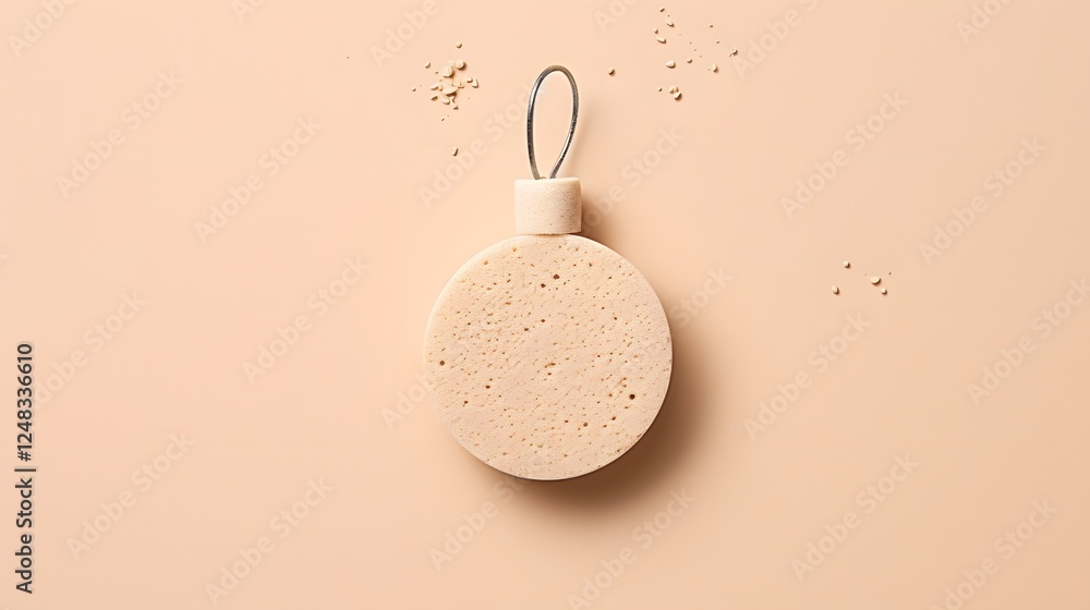 Poster closeup of a round exfoliating sponge with a looped string neatly placed on a bright white surface s