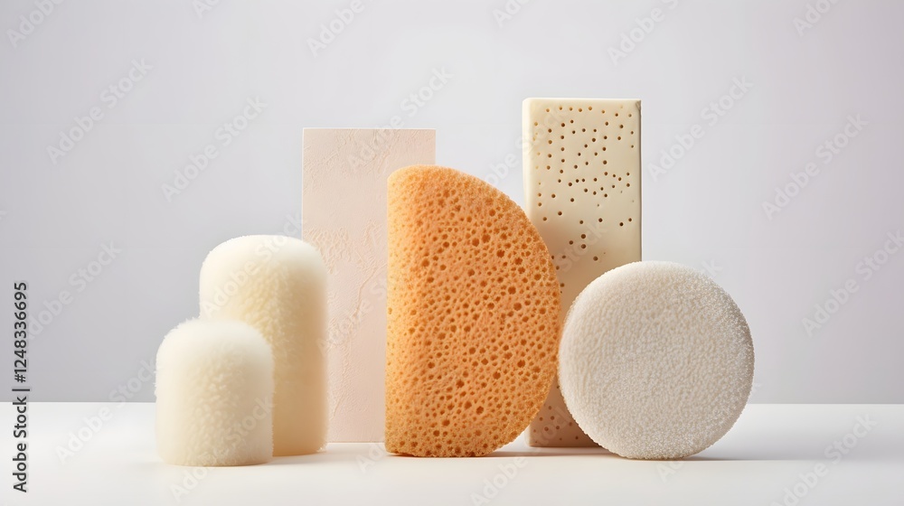 Poster visually striking abstract composition featuring an assortment of sponges with diverse textures and 