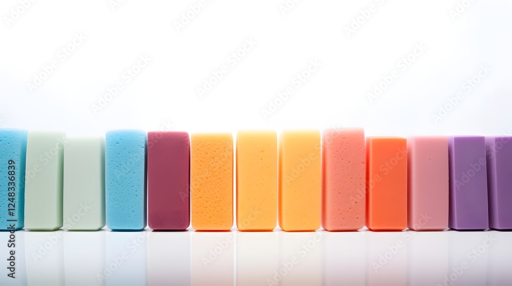 Poster captivating arrangement of colorful sponges in a row against a bright white backdrop creating a visu