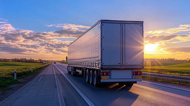 Truck with trailer driving on highway symbolizes fast and high-quality cargo delivery